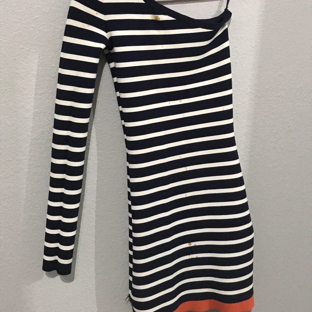 One Sleeve Blue white and Orange striped dress